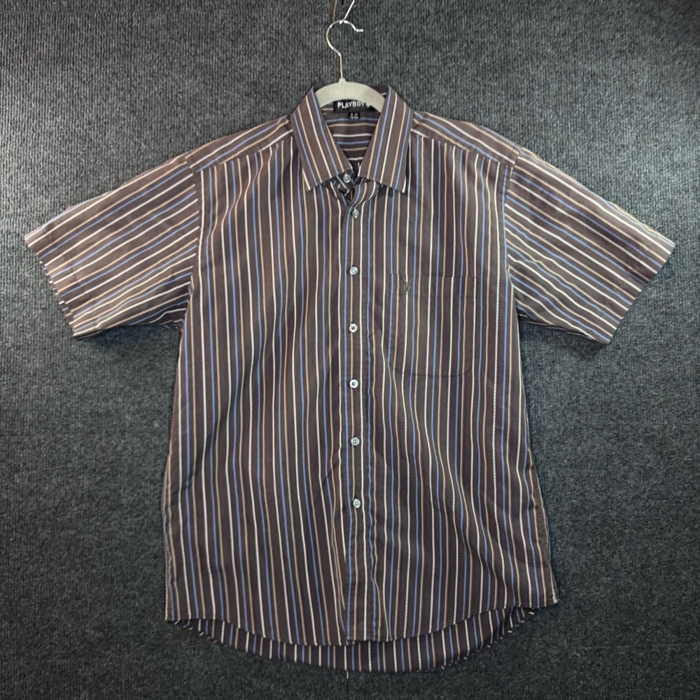 Y2K / Vintage PLAYBOY Men's Brown Striped Button Down Shirt